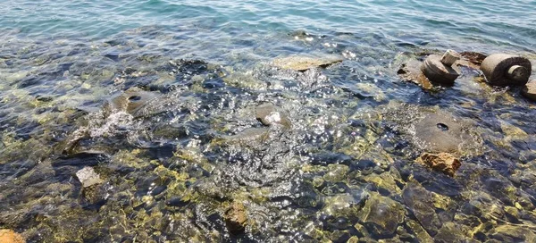 Praia Antalya Com Pedras Grandes Pequenas Com Algas Marinhas — Fotografia de Stock