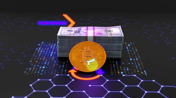 3d render. Bitcoin moneda BTC y Ethereum moneda ETH están girando en billetes de 100 dólares. — Foto de Stock