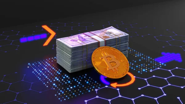 3d rendu. Bitcoin BTC pièce et Ethereum ETH pièce tournent sur des factures de 100 dollars. — Photo