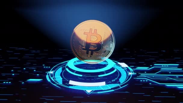 Bitcoin blockchain crypto νόμισμα ψηφιακή κρυπτογράφηση, Ψηφιακή ανταλλαγή χρημάτων, Τεχνολογία παγκόσμια σύνδεση δικτύου έννοια φόντου. 3D βίντεο. Φαινόμενο ολόγραμμα. Futuristic οθόνη υψηλής τεχνολογίας — Αρχείο Βίντεο