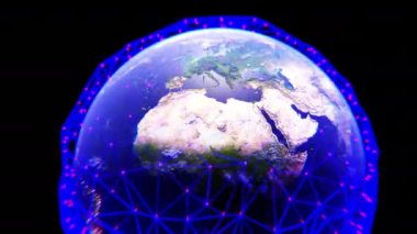 Dünya 'nın Üzerinde Dijital Şebeke Gündoğumu. Gelecekçi Soyut Ağ Büyümesi ve Kapsayan Gezegen. Uzay uydusundan güzel bir görüntü. Modern İş ve Teknoloji Konsepti. 4k