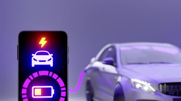 Electric car charging. Electric vehicle charging port plugging in car. Checks charge level of his electric car. Battery is charged. Car remote control using smartphone application fictional interface — Stock Video