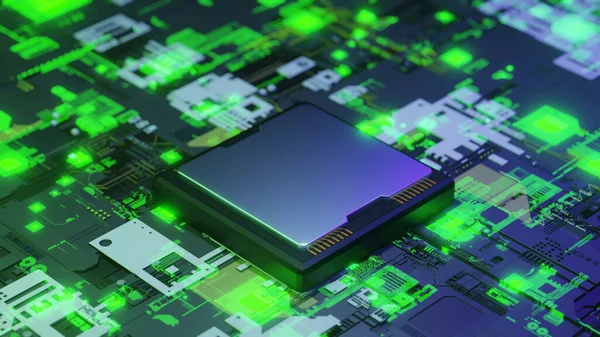 Concepto de tecnología avanzada Visualización 3D: Procesador de CPU de placa de circuito Microchip que inicia la digitalización de la inteligencia artificial de datos de redes neuronales y computación en nube — Foto de Stock