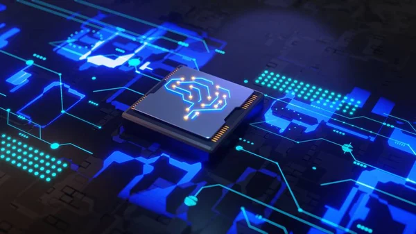 Representación 3D. Visualización del concepto VFX: Procesador de CPU de placa de circuito Microchip que inicia la digitalización de la inteligencia artificial de datos de redes neuronales y computación en nube — Foto de Stock