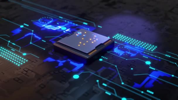 3D animation. VFX Concept Visualization: Circuit Board CPU Processor Microchip Starting Artificial Intelligence Digitalization of Neural Networking and Cloud Computing Data — Stock Video