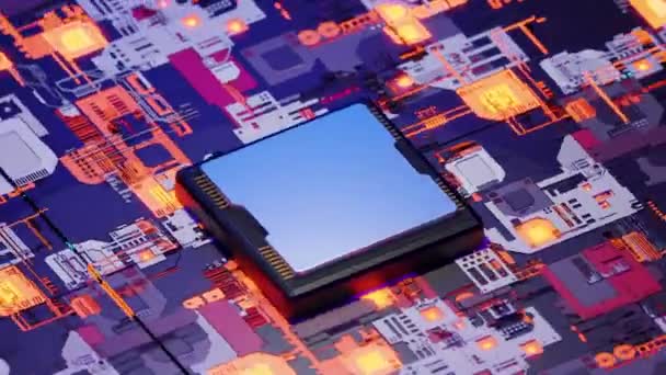 Conceito de Tecnologia Avançada Visualização 3D: Processador de CPU de placa de circuito Microchip Iniciando a Digitalização de Inteligência Artificial de Rede Neural e Dados de computação em nuvem — Vídeo de Stock