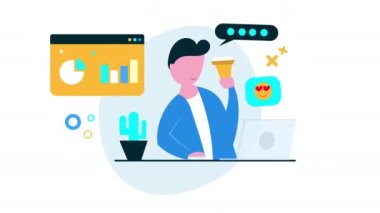 Business icon design animation. Man with laptop at his desk.