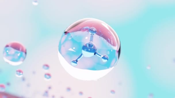 柔らかい背景に透明な液体バブル内の分子コラーゲン 概念的なスキンケア化粧品ソリューション 3Dアニメーション — ストック動画