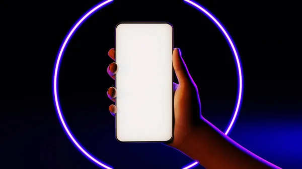 Phone in hand. Silhouette of male hand lit with blue neon lights holding bezel-less smartphone on black neon circle background. Screen is cut with clipping path