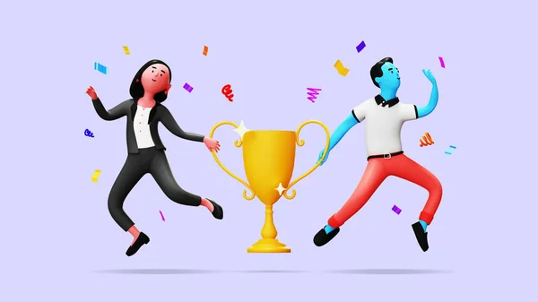 Team success, partnership or teamwork to win business competition, winner or achievement, work together or cooperation concept winning victory trophy, 3d cartoon