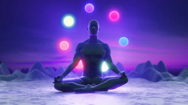 Nilüfer pozisyonunda meditasyon yapan insan siluetinin izi. Parlayan kayalıklarda. Renkli çakralar. Yoga, zen, Budizm, iyileşme, din, sağlık ve sağlık konsepti. 3d hazırlayıcı