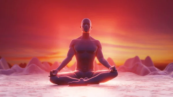 Gün batımında insan silueti lotus pozisyonunda meditasyon yapıyor. Parlayan kayalıklarda. Renkli çakralar. Yoga, zen, Budizm, iyileşme, din, sağlık ve refah kavramı