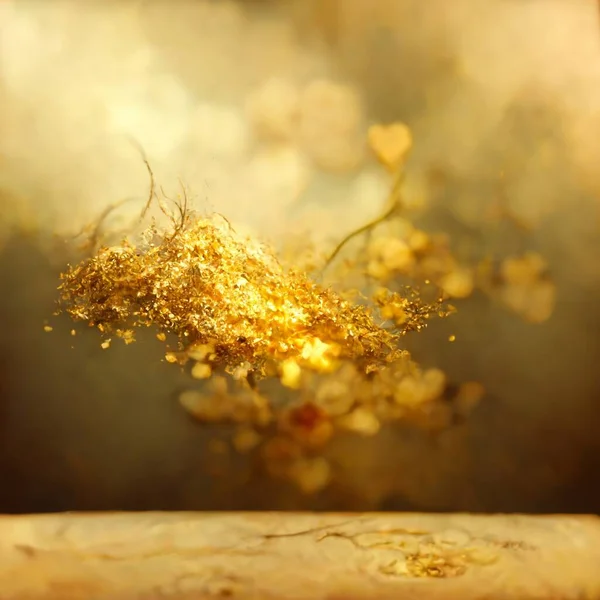 Abstraction background, golden texture background, gold dust in the air, gold ingot, on a blur background, 3d render
