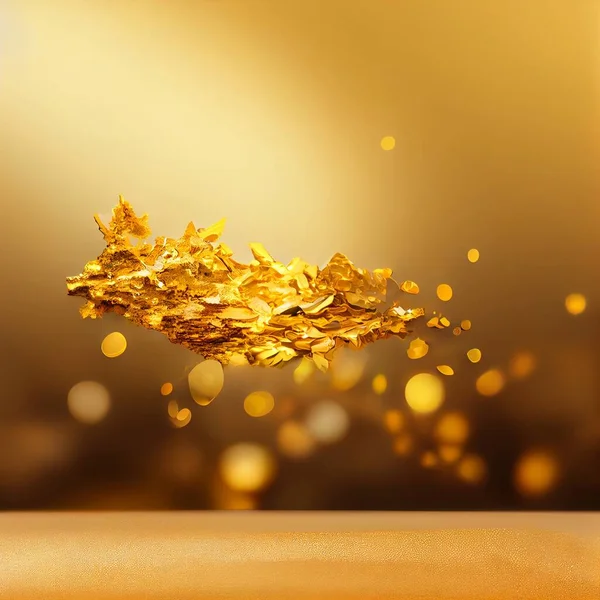 Abstraction background, golden texture background, gold dust in the air, gold ingot, on a blur background, 3d render