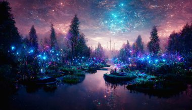 Gece büyülü fantezi ormanı, illüstrasyon. Orman manzarası, neon ışıkları, ormandaki büyülü ışıklar. Peri masalı atmosferi, ormanda sis. Kozmik gece gökyüzü