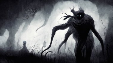 Mistik Vahşi Macabre Satanist Şeytani Kavramsal Çizim. Doğaüstü Gizemli Vahşi Orman Canavarı 'nın Dikey Portresi. Şeytani Yaratık Korku Filmi Karakteri