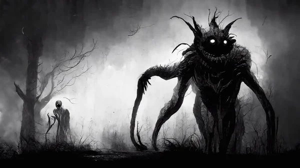 Mystical Savage Macabre Satanic Demon Conceptual Illustration. Vertical Portrait of Supernatural Mysterious Fierce Spooky Forest Monster. Demonic Creature Horror Movie Character