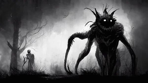 Mistik Vahşi Macabre Satanist Şeytani Kavramsal Çizim. Doğaüstü Gizemli Vahşi Orman Canavarı 'nın Dikey Portresi. Şeytani Yaratık Korku Filmi Karakteri