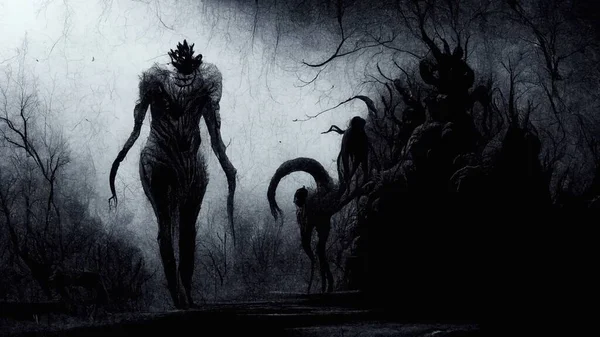 Mistik Vahşi Macabre Satanist Şeytani Kavramsal Çizim. Doğaüstü Gizemli Vahşi Orman Canavarı 'nın Dikey Portresi. Şeytani Yaratık Korku Filmi Karakteri. Gece Ormanı