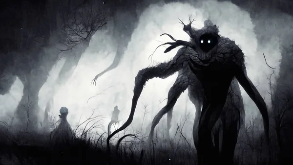 Mistik Vahşi Macabre Satanist Şeytani Kavramsal Çizim. Doğaüstü Gizemli Vahşi Orman Canavarı 'nın Dikey Portresi. Şeytani Yaratık Korku Filmi Karakteri