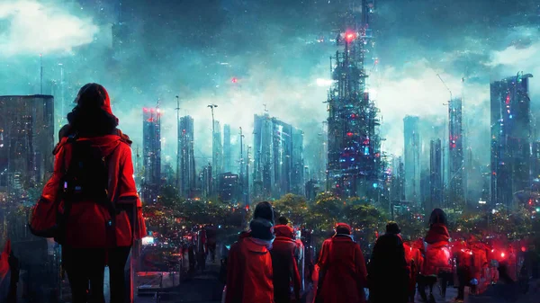 Siber punk şehrinde yürüyen bir kadın. Yalnız, geleceksel bir ortamın dijital tablosu. Büyük bir bina, neon ışıklı. Modern mavi şehir manzarasının tasviri. Dystopic kentsel duvar kağıdı