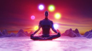 İnsan şafakta lotus pozisyonunda meditasyon yapıyor. Renkli çakralar. Yoga, zen, Budizm, iyileşme, din, sağlık ve sağlık konsepti. 3d canlandırma