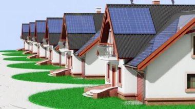 Solar panels on private houses and wind turbines generators behind them. Clean energy provides free electricity to the whole family throughout. The lights of a sun. 3d animation