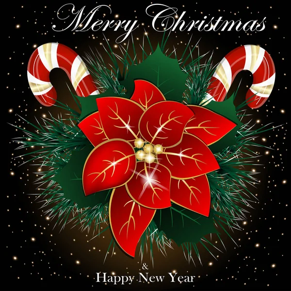 Geleneksel Noel şekeri, siyah arka planda lolipoplar, ökseotu ve çam yaprakları.