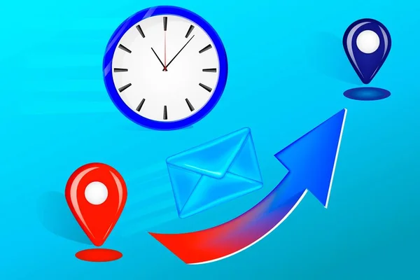 Relógio Com Envelope Postal Seta Indicador Localização Ilustração Vetorial — Vetor de Stock