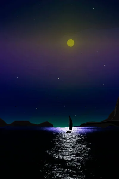  Denizdeki bir geminin silueti. Güzel ay ve yıldızlar. Denizde kutsal gece. Vektör grafikleri. EPS 10