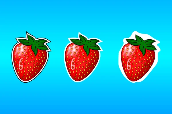 Vektorillustration Süße Erdbeere Aufkleberset Comicstil Mit Unterschiedlichen Umrissen Design Für — Stockvektor