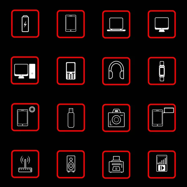  Dijital aygıt simgelerinin vektör kümesi. Not Defteri, Monitör, PC, Cep Telefonu, Akıllı Telefon, Ses Oynatıcı, Kulaklık, Kamera, Hafıza Kartı, Yazıcı.