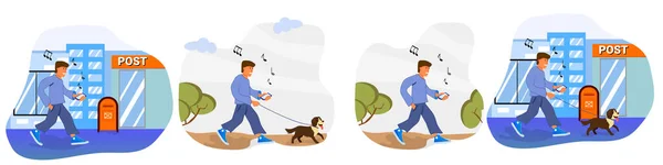 A boy with a flat dog walks and listens to music.Happy young man enjoys music, podcast,Vector flat. Set of illustrations.