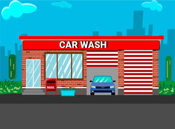 Car Wash Station Cars City Background Flat Style Vector Illustration — Stockový vektor
