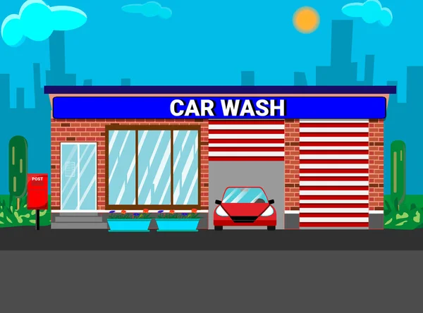 Car Wash Station Cars City Background Flat Style Vector Illustration — Stok Vektör