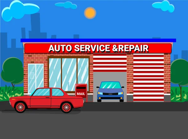 Auto Service Und Reparaturzentrum Oder Garage Mit Autos Landschaft Außengebäude Vektorgrafiken