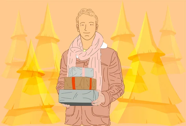 Adam hediyeler veriyor. Düz bir şekilde resmetmek. vektör illüstrasyonu