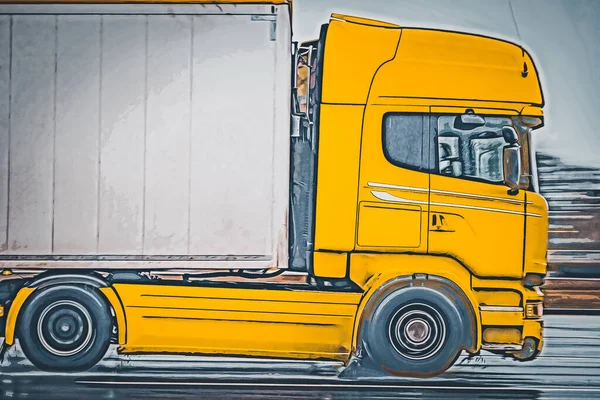 Ένα Κίτρινο Φορτηγό Τραβάει Ένα Ημι Ρυμουλκούμενο Στο Δρόμο Σχεδιασμένη — Φωτογραφία Αρχείου