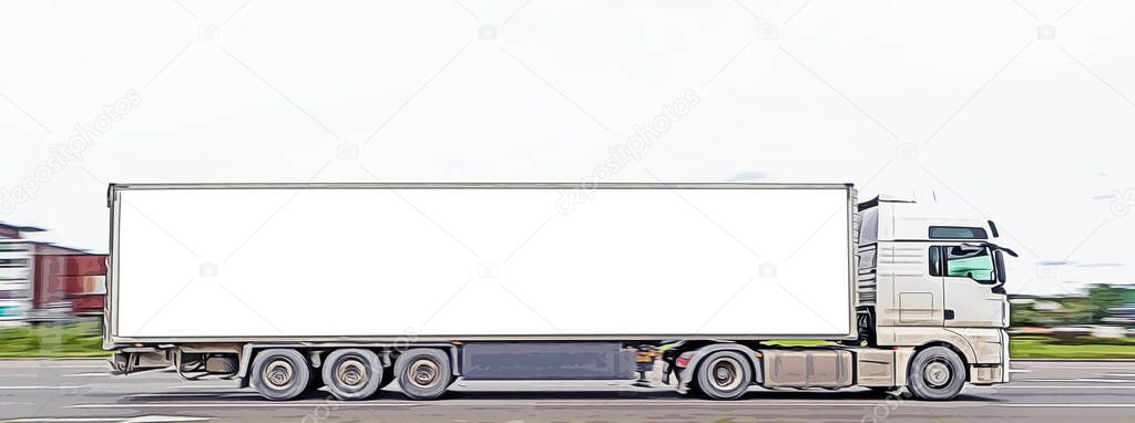 Illustration of a truck with a large white semi-trailer. Free white space for text, advertising and logo on trailer.
