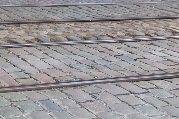 Geplaveide Straat Met Tram Tracks Close — Stockfoto