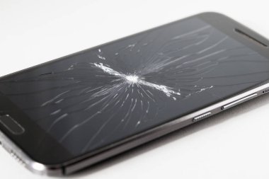Cracked smartphone screen after a fall. A crashed cell phone close-up.