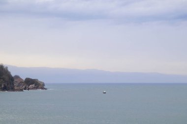 Kayalık bir sahili olan sisli denizin manzarası, bulutlu bir gökyüzü.