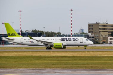 AirBaltic airline Airbus A220-300 on the runway at Riga International Airport. Riga International Airport, Marupe, Latvia - 08 Jul 2022.