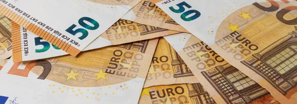 Banner Van Eurobankbiljetten Geld Achtergrond Zachte Focus — Stockfoto