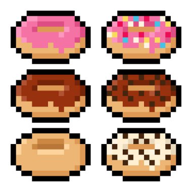 Farklı tatlarda pikselli çörek paketi - vektör, izole edilmiş