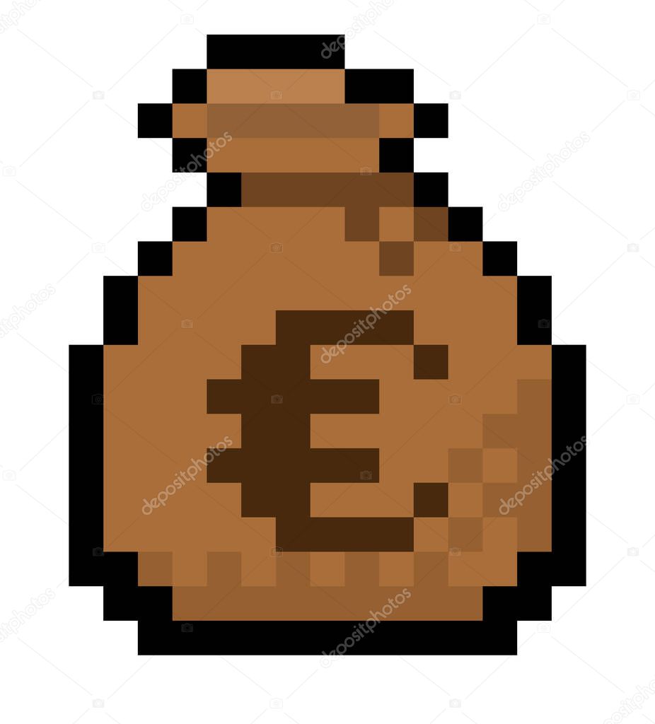 Pixel 8 bit gaming bag of money with euros - vector, isolated