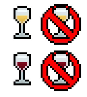Piksel 8 bit şarap seti ve içme işareti yok - vektör, izole edilmiş