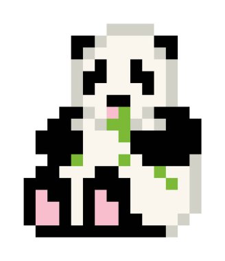 Piksel 8 bit panda bambu yiyor - izole edilmiş, vektör