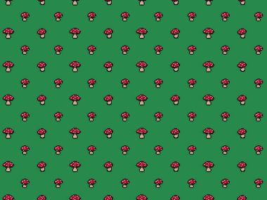 Piksel 8 bit kırmızı mantarlar yeşil arka planda beyaz noktalar - yüksek çözünürlüksüz desen