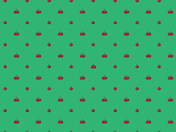 绿色背景的Pixel红樱桃 高分辨率无缝图案 — 图库照片